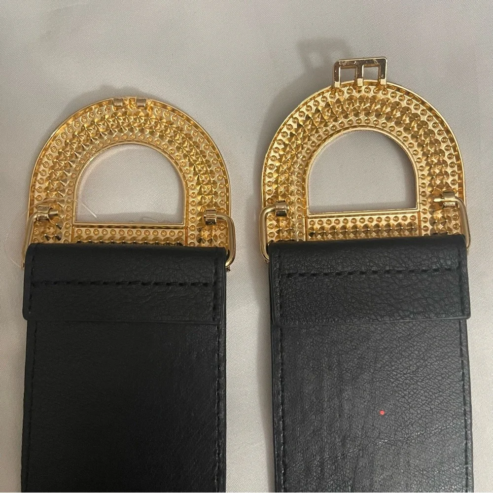 Black PU leather gold tone buckle with rhinestone details elastic waistband belt - Picture 8 of 9